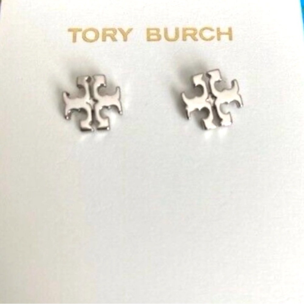 Rare Tory Burch Silver Logo Stud Earrings - Picture 2 of 4